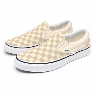 Vans Women's Classic Slip-On Checkerboard Sneaker Shoes in Tan & Cream | 7.5